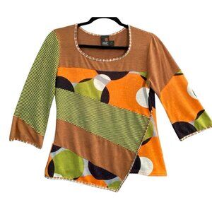 Anac by Kimi Women Top Size M Orange 3/4 Sleeves 60s Art to Wear Circles 2-29